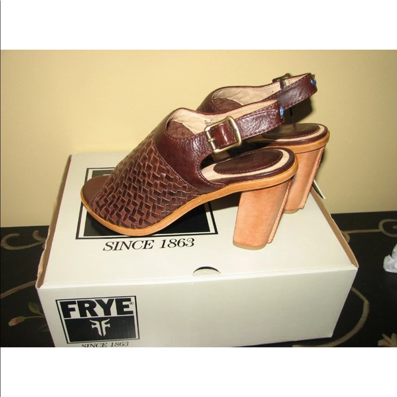 NIB BEAUTIFUL FRYE SOFIA 8.5 WOVEN DARK BROWN LEATHER SLING SANDALS BLOCK HEEL - Picture 3 of 8
